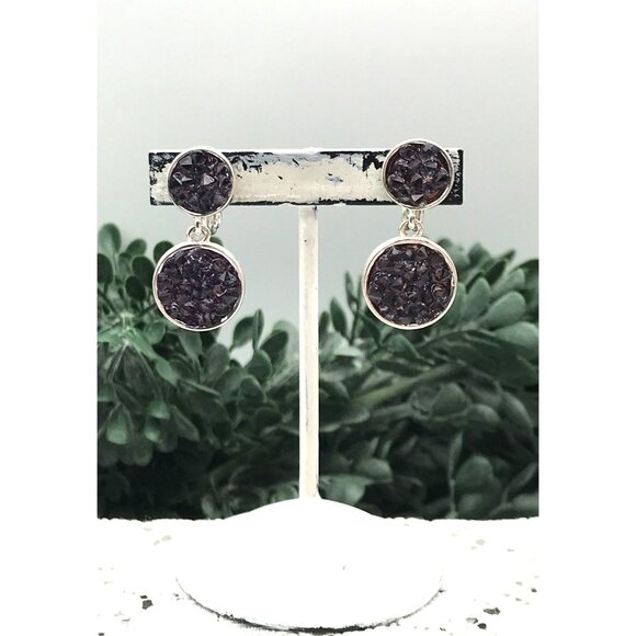 Napier Silver-Tone Amethyst Druzy Double Drop Clip-On Earrings For Women - Picture 3 of 6